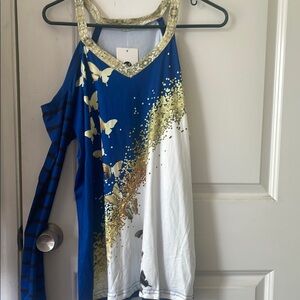 Blue and White Women's Top with Butterfly Design